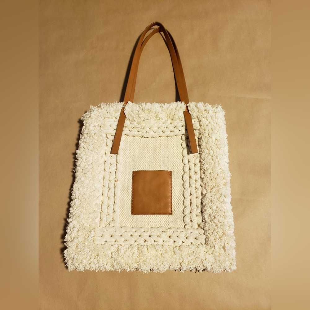 Zara Cream and Tan Textured Tote Bag